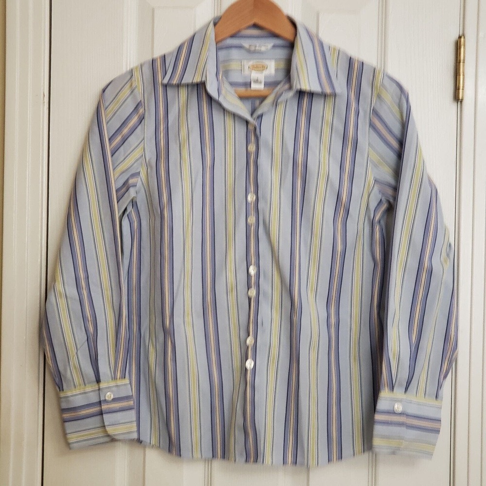 Talbots Long Sleeve Button Up Top Green Blue Striped Stretchy Career Size 4 - Picture 2 of 8